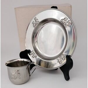 Selandia Baby Plate Cup Set 18/8 Stainless Japan Silver Teddy Bears EXC